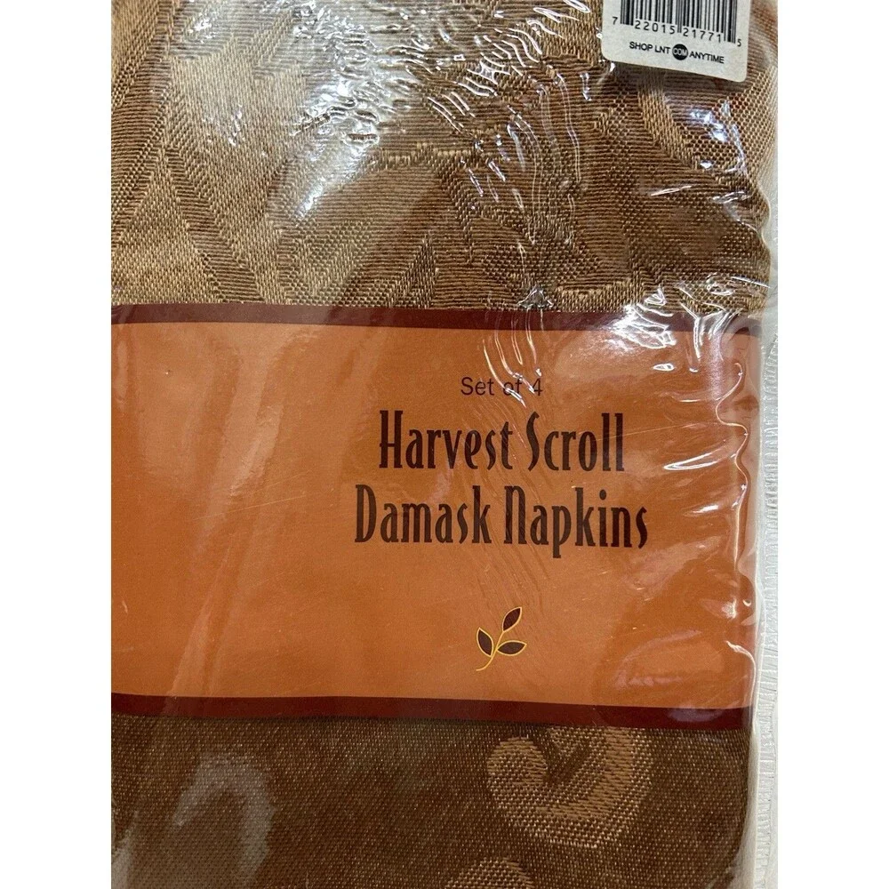 Vintage Harvest Scroll Damask Bronze Napkins Set of 4 17x17 Washable New